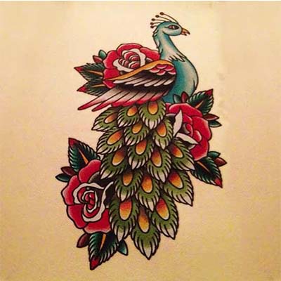 Old School Designs of Peacock Bird and Rose Flower Fake Temporary Water Transfer Tattoo Stickers NO.10516